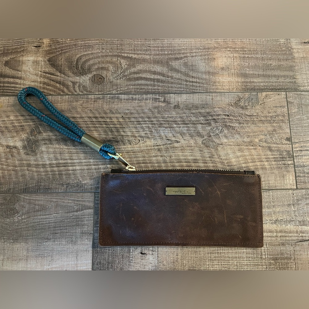 Brown Leather Wristlet Clutch with Teal Wrist Strap
